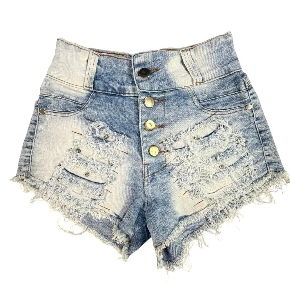 VTG Y2K Hyconts Brazilian Distressed Rhinestone Denim Button Fly Shorts Size 26